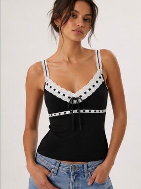 CYC Y2K Lace Trim Camisole Tank Top Black White XL